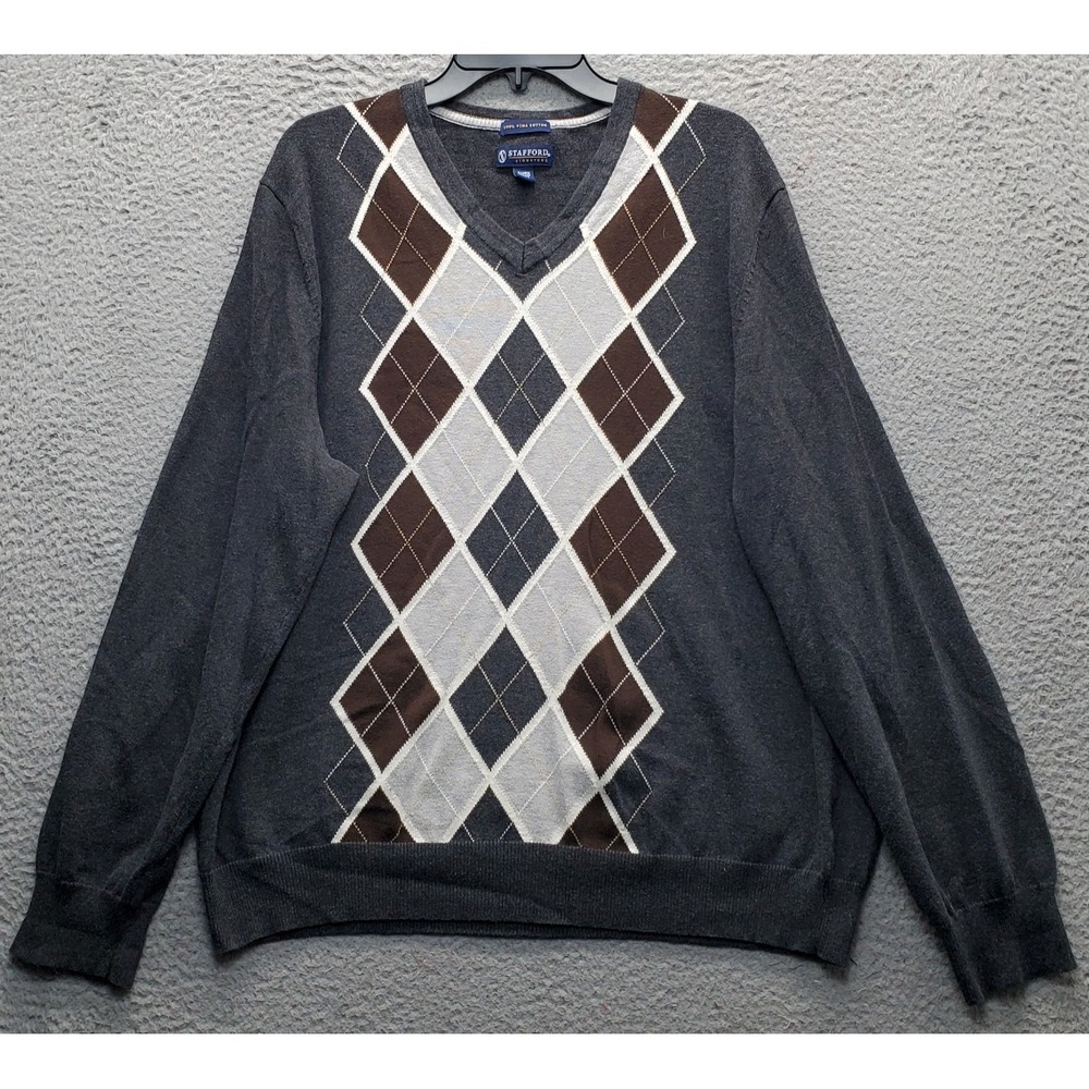 Stafford Signature Sweater Mens XL Multicolor Argyle Diamond Pima Cotton V Neck